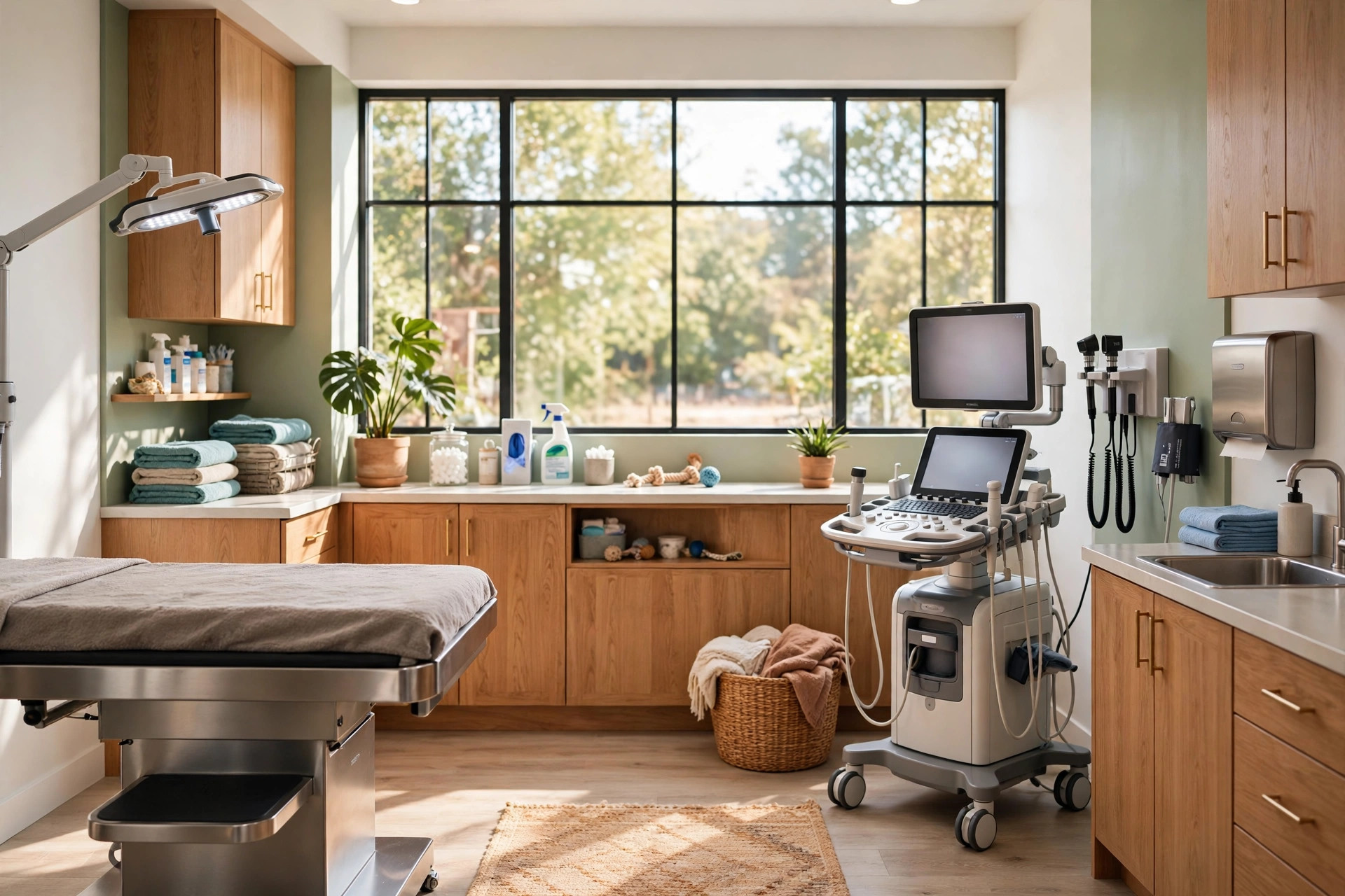 Veterinary exam room with exam table and diagnostic equipment